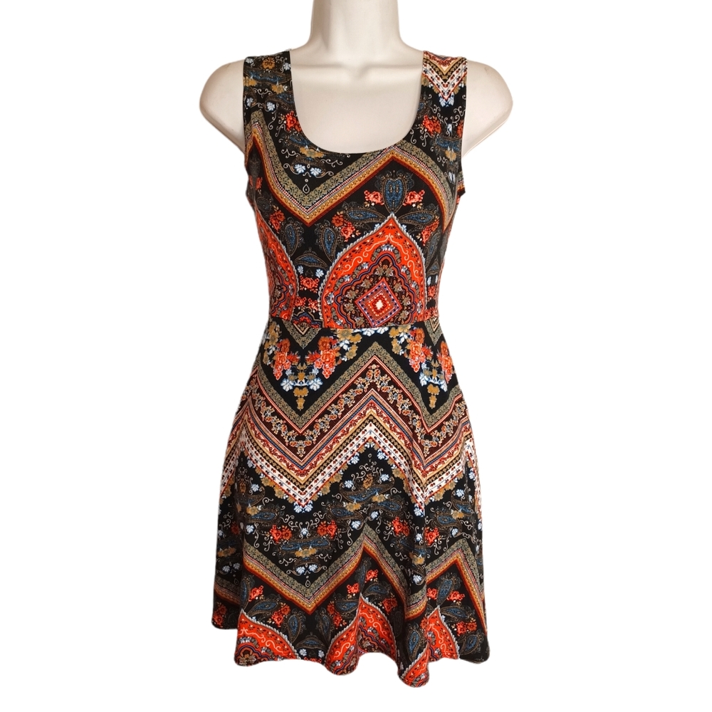 FRENCH ATMOSPHERE Black Colorful Print Lace Back Sleeveless Fit & Flare Dress S